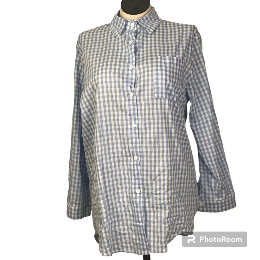 E. Retro Button Down High Low Blouse Women’s Size XXL Blue / White Long Sleeve - Picture 1 of 14